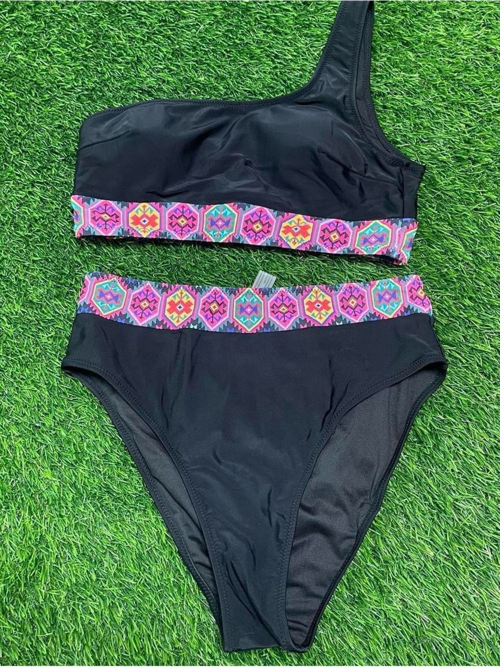 Source Unknown Black Two-Piece Bikini with Multicolor Aztec Trim
